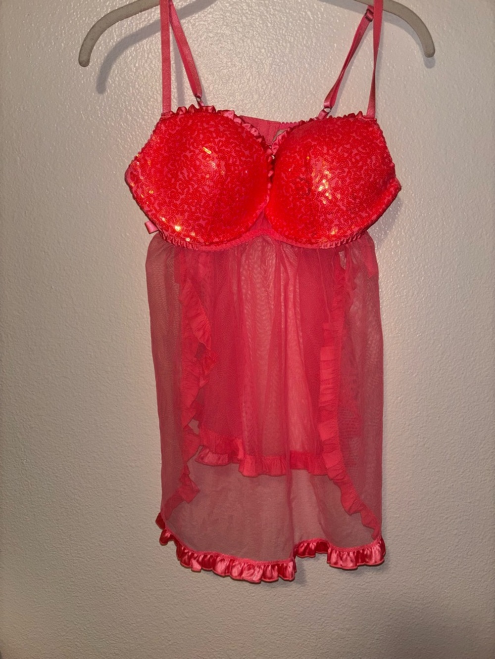 Victoria’s Secret Push Up Sheer Babydoll Lingerie Neon Coral Pink Sequin 36D NWT - Picture 2 of 5